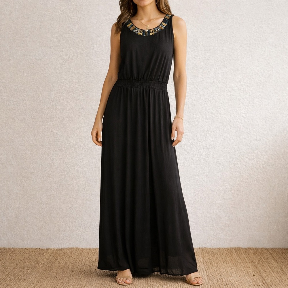 NY Collection Black Beaded Neck Maxi Dress Sleeveless Flowy Size 2X